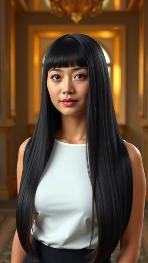 A woman with long straight hair styled in a blunt cut with a center part, showcasing a sleek and polished appearance.