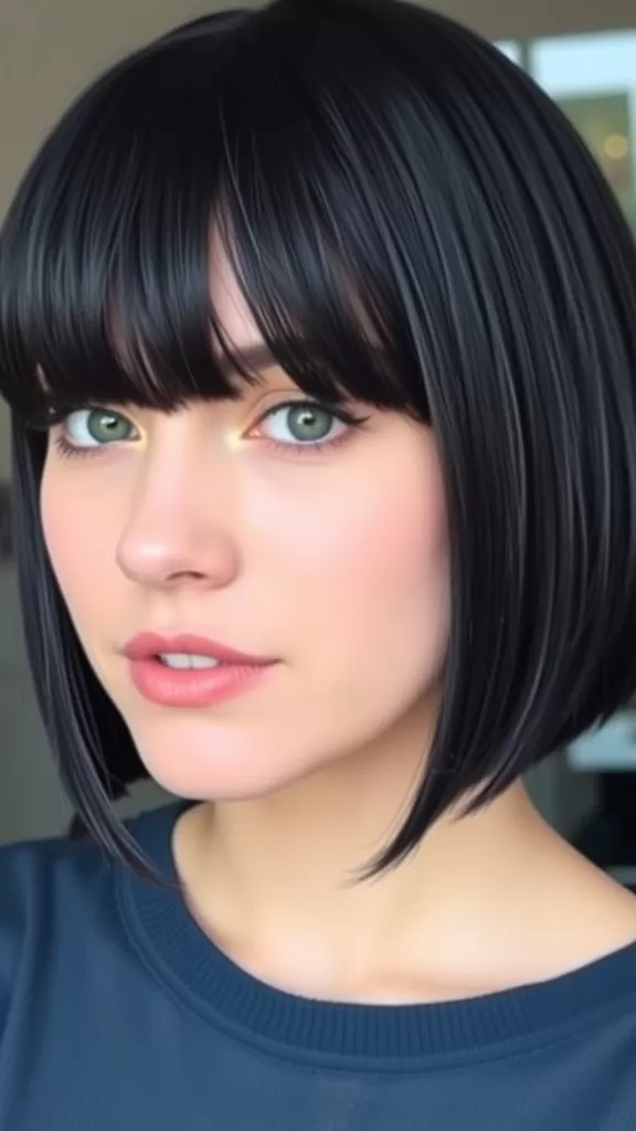A woman with a blunt cut and side bangs, showcasing a sleek hairstyle that complements a round face.