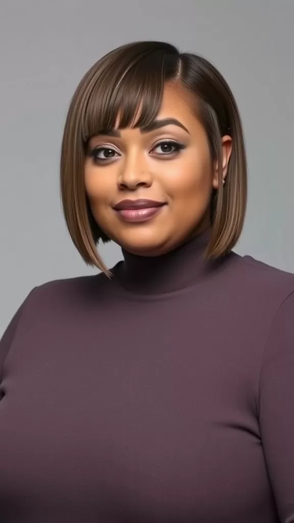A woman with a blunt cut and sleek finish hairstyle.