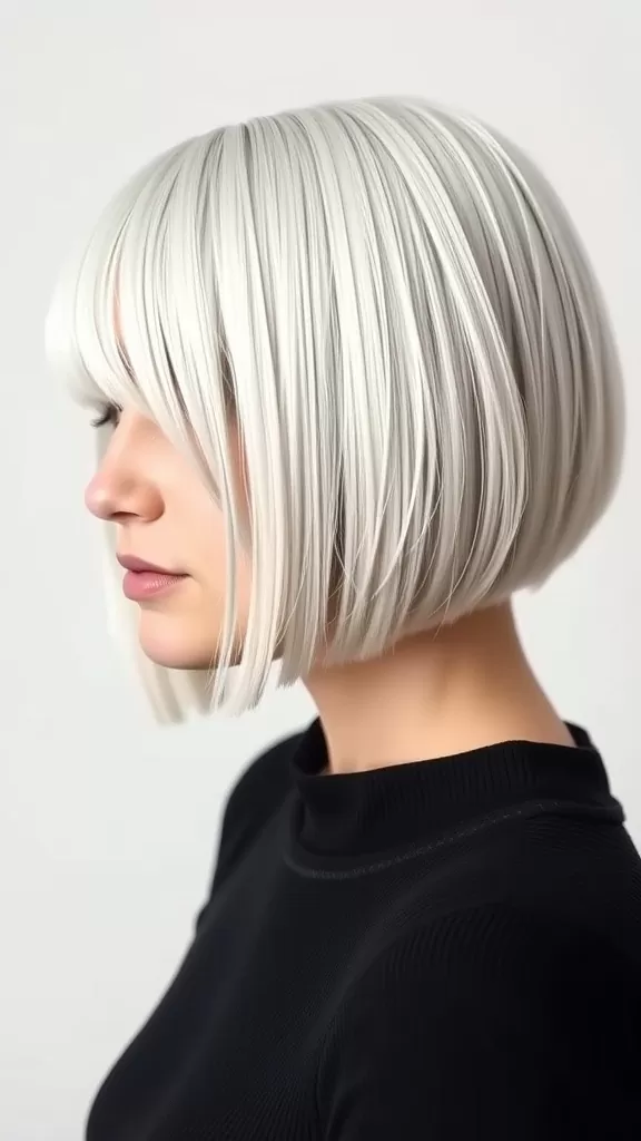 A woman with a blunt layered bob haircut, showcasing a sleek and modern style.