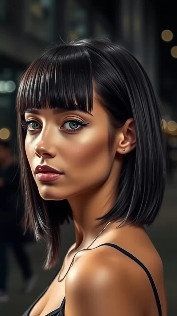A woman with a blunt lob haircut and micro bangs, wearing a black outfit, standing in an urban setting.