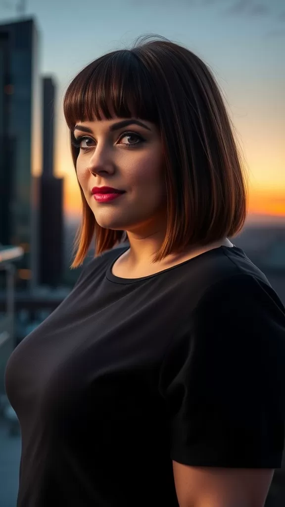 A woman with a blunt lob haircut and middle part, showcasing a stylish look against a city backdrop.