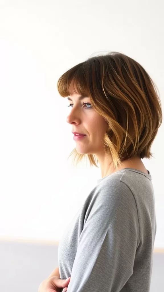 A woman with a blunt shag haircut featuring soft waves, showcasing a modern style.