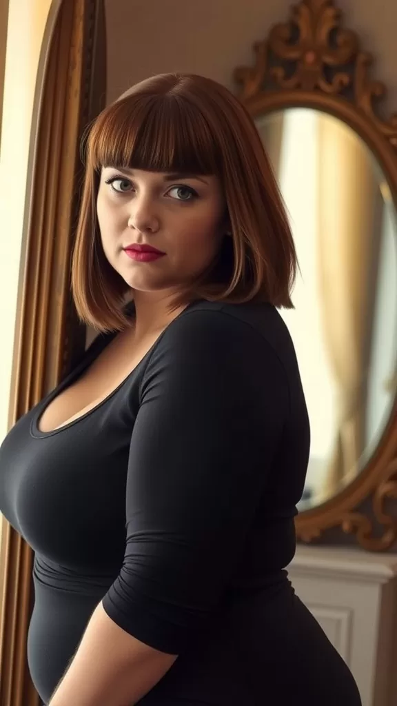A plus size woman with a bob haircut featuring curtain bangs, smiling at the camera.