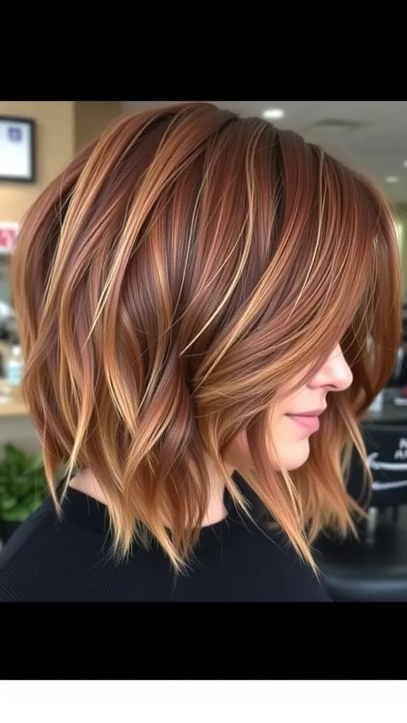 A stylish bob haircut with textured layers in warm tones