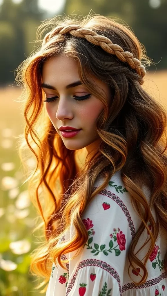 A woman with long, wavy hair styled in bohemian curls, wearing a braided headband and a floral-patterned dress.