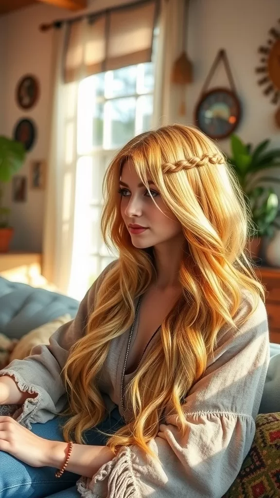 A woman with long wavy hair styled in bohemian shag with fringe braids, sitting in a cozy room.