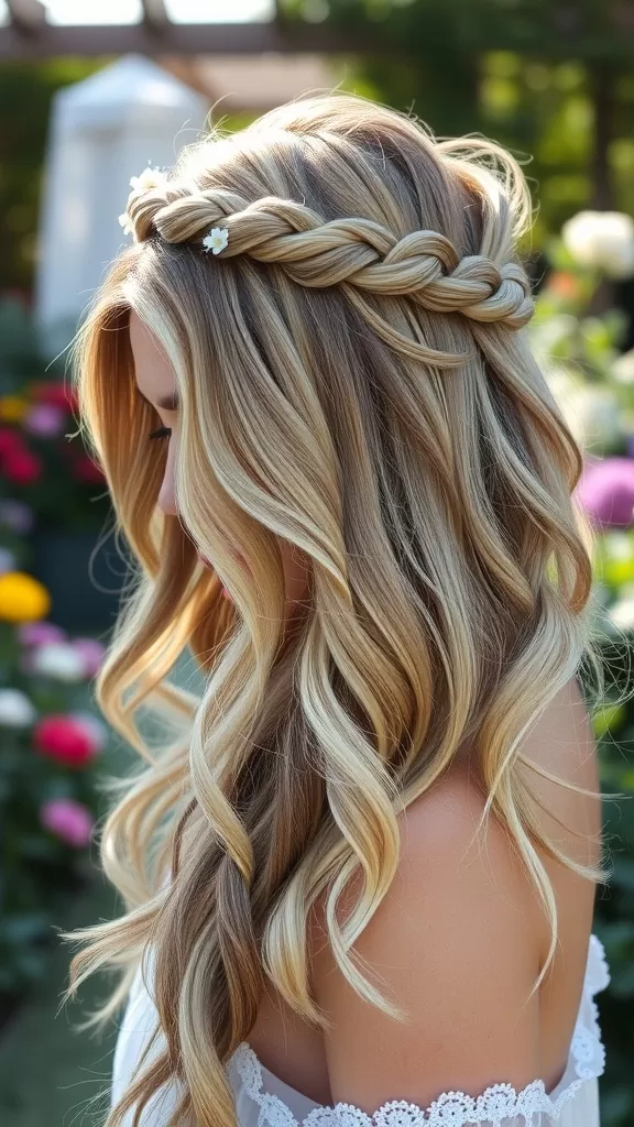 A woman with a boho braided crown hairstyle, featuring loose waves and small flowers in her hair.