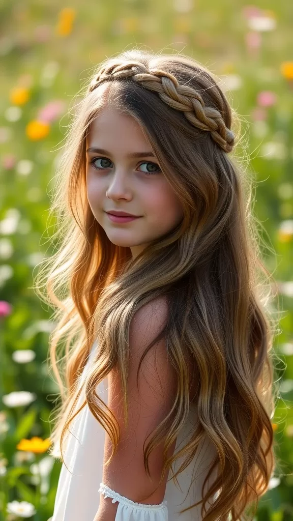 Girl with long hair wearing a braided headband in a flower-filled field