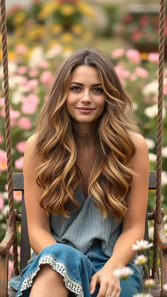 A woman with long, shaggy hair styled in loose curls, wearing a casual outfit, posed in a garden.