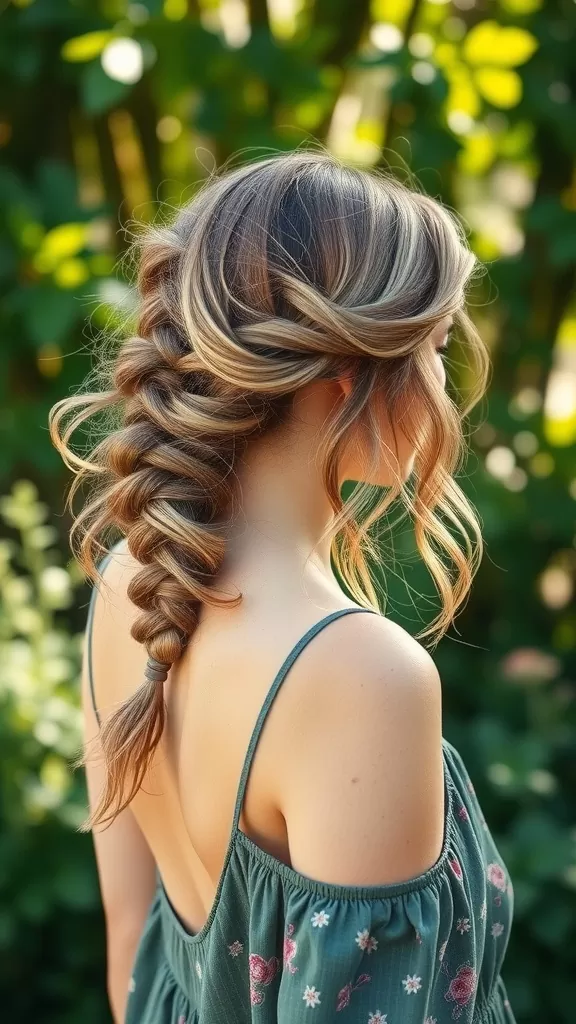 A woman with medium hair styled in a Boho chignon with braids, showcasing soft waves and a relaxed yet stylish appearance.