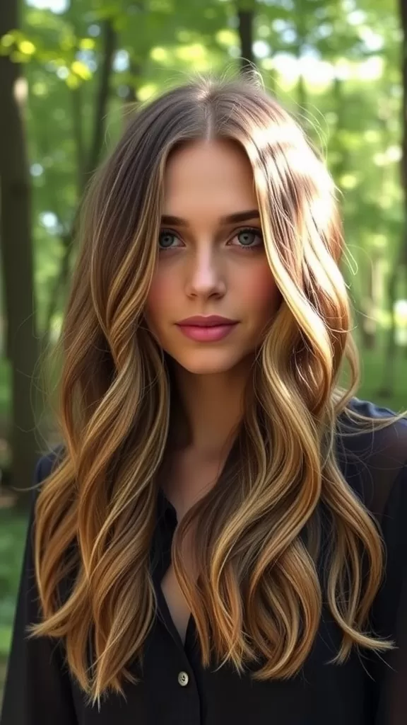 A woman with long wavy hair styled in a boho shag haircut, showcasing layers and highlights in a natural setting.
