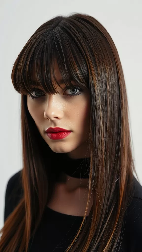 Model with bold blunt bangs and long layered hair, showcasing a chic hairstyle