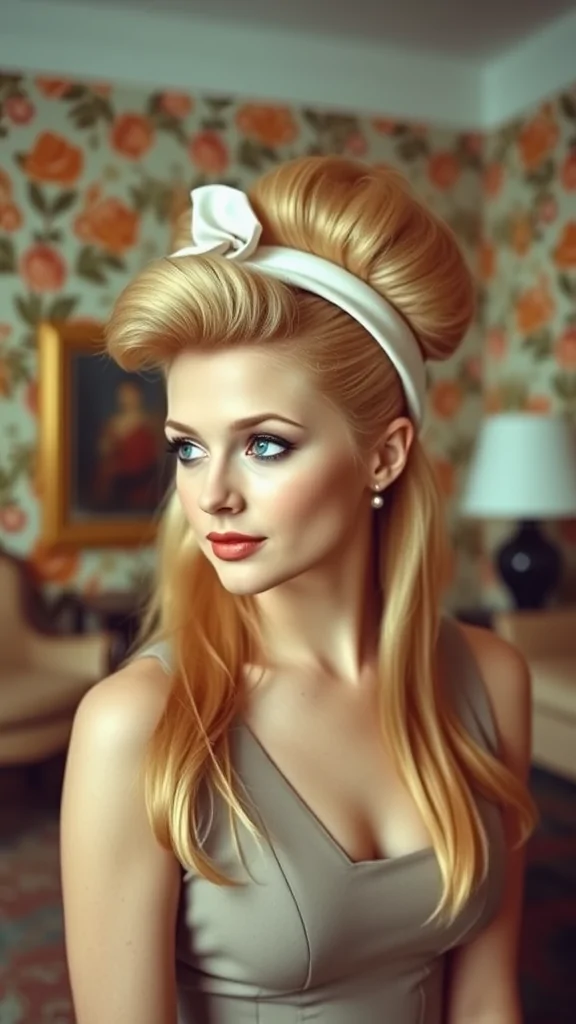 A woman with a high bouffant hairstyle and a satin headband, set against a vintage floral backdrop.