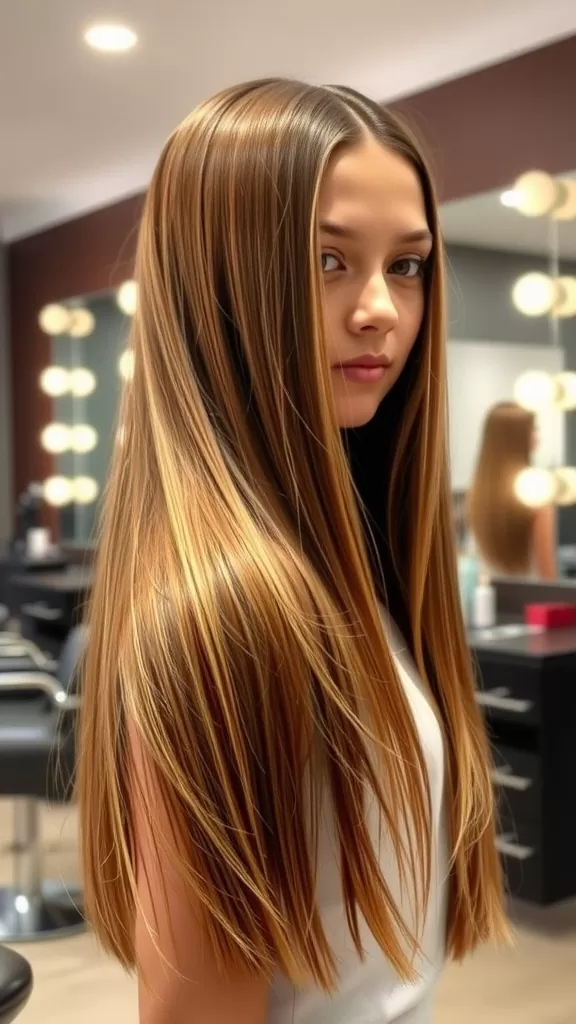 Teenage girl with a bouncy blowout hairstyle, showcasing shiny, voluminous hair.