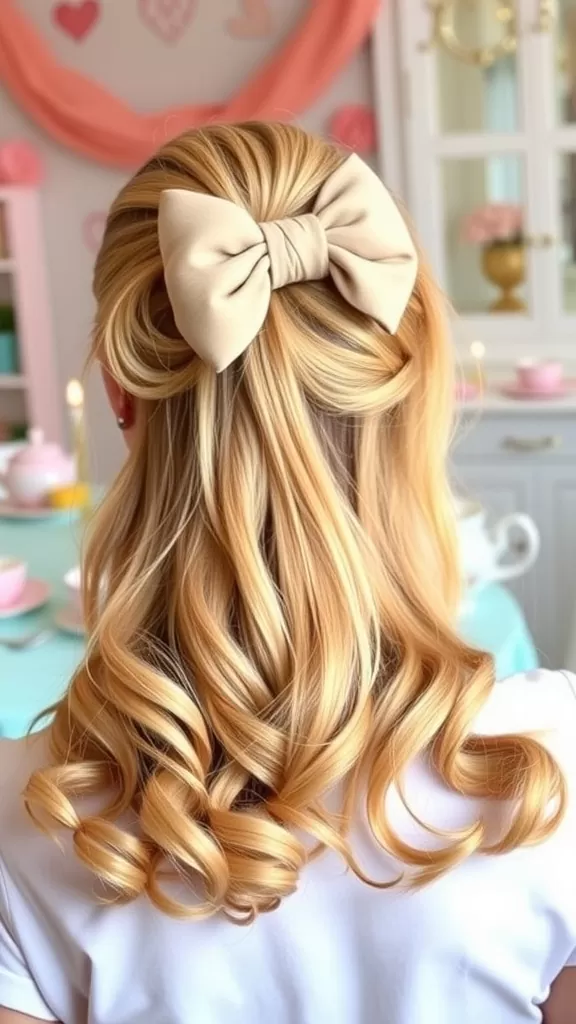 A hairstyle featuring a bow-shaped bun with golden curls cascading down.