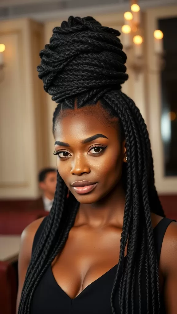 A woman with a tall box braids updo, showcasing a stylish bun in a chic setting.