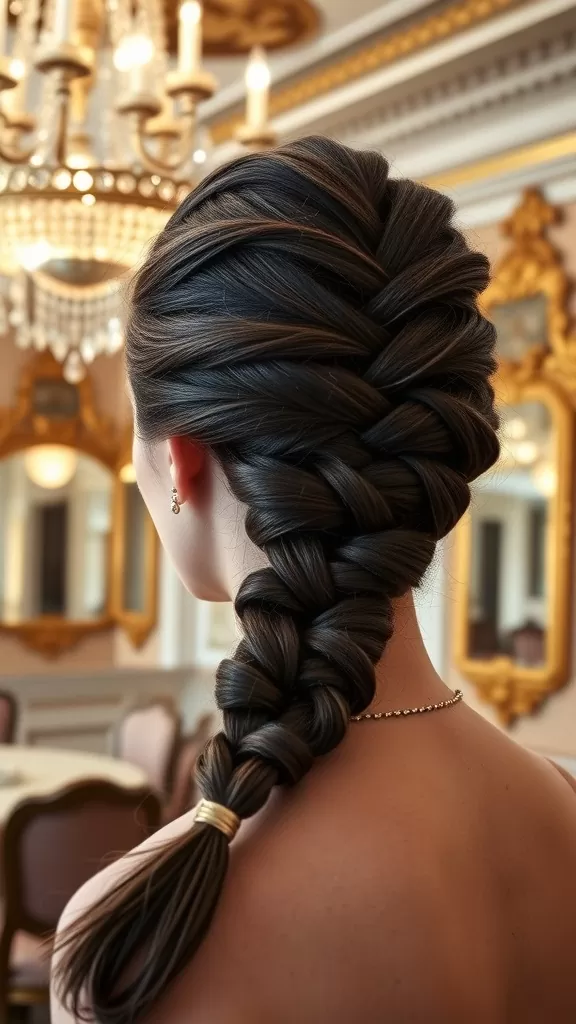 A close-up view of a braided bun hairstyle, showcasing intricate braids and a sleek finish, set against an elegant backdrop.