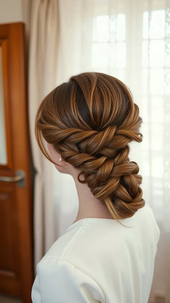 A woman with a braided chignon hairstyle, showing intricate braiding and warm golden hair, styled elegantly.