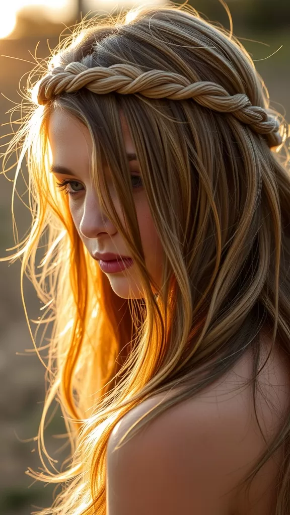 A teenage girl with a braided crown hairstyle, showcasing long hair with a soft glow