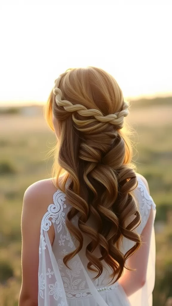 A bride with a braided halo hairstyle and loose curls, looking back at a sunlit landscape.