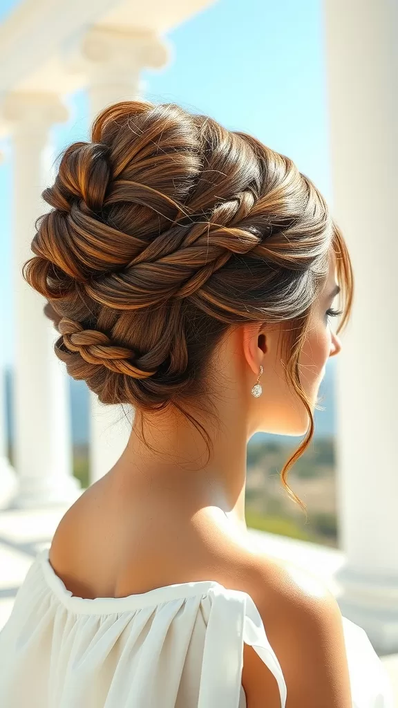 A woman with a braided high bun and loose waves, showcasing a beautiful wedding hairstyle.