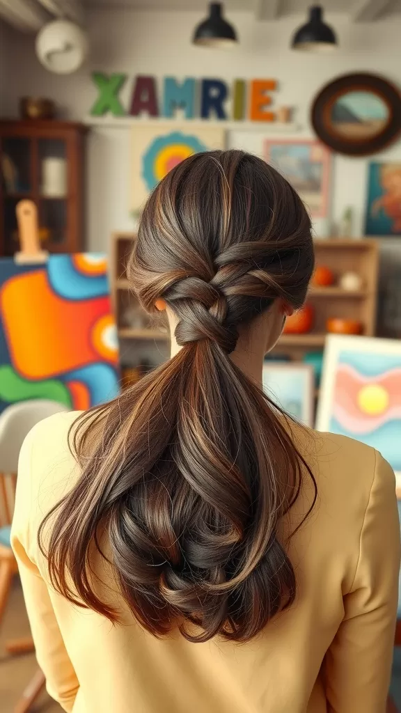 A woman with long hair styled in a braided ponytail, showcasing a blend of elegance and simplicity.