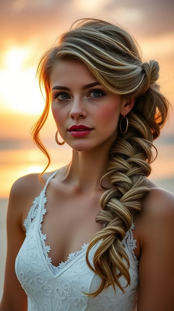 A woman with a braided side bun hairstyle and cascading tendrils, standing against a sunset backdrop.
