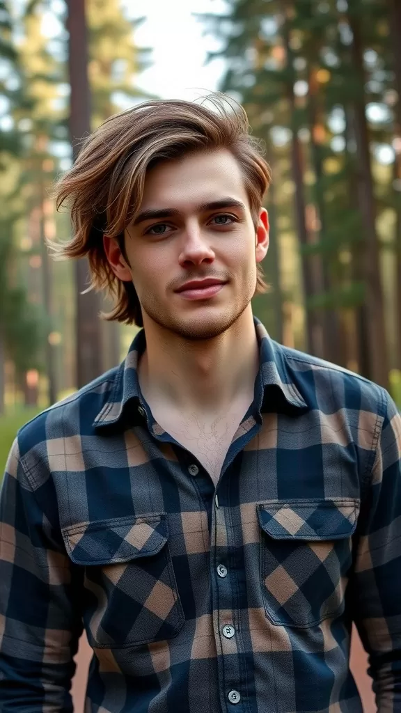 A young man with flowing hair wearing a plaid shirt, standing in a forest setting.