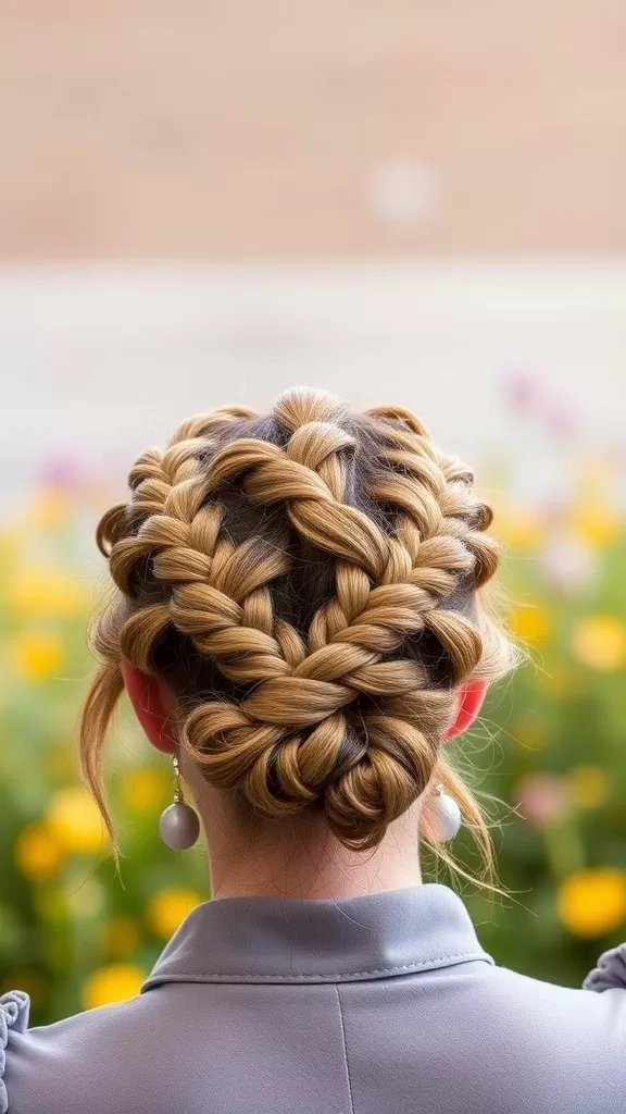 A woman with a bubble braid bun hairstyle, viewed from the back, showcasing the intricate braiding and bun.