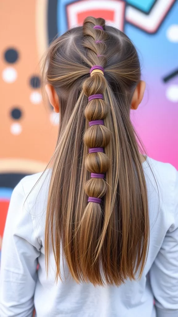 A girl with a bubble ponytail hairstyle, featuring colorful hair ties