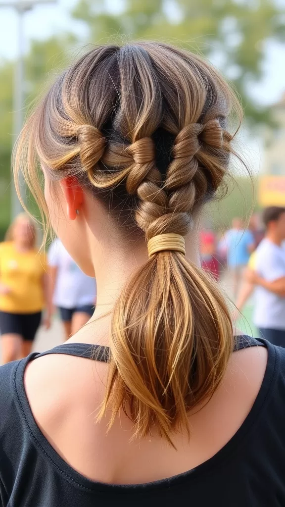 A woman with a bubble ponytail updo hairstyle, showcasing sections of hair tied into bubbles, wearing a black top.