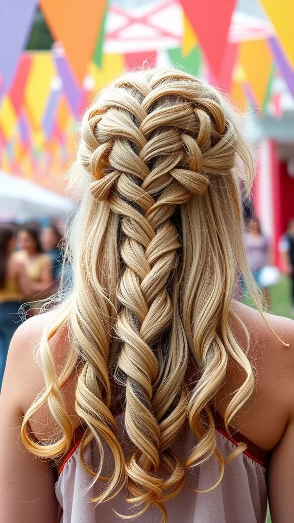 A woman with long blonde hair styled in a butterfly twist, featuring a decorative butterfly accessory at the top.