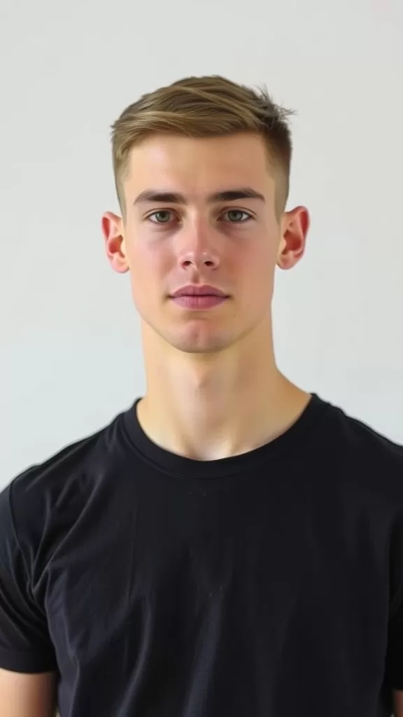 A young man with a buzz cut hairstyle, wearing a black t-shirt, against a light background.