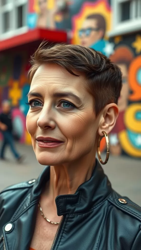A woman with a buzz cut wearing a leather jacket and hoop earrings, standing in front of a colorful mural.