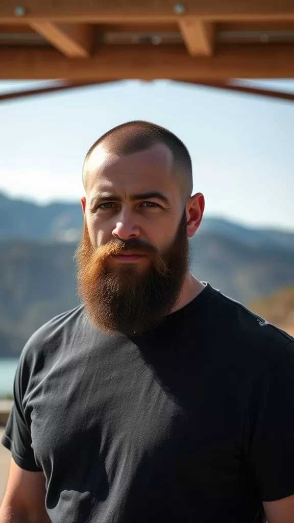 A man with a buzz cut and a well-groomed beard, standing outdoors