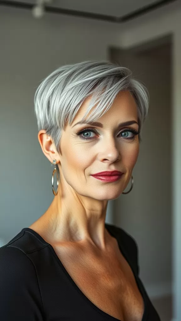 A woman with a stylish buzz cut, showcasing silver hair and wearing hoop earrings.