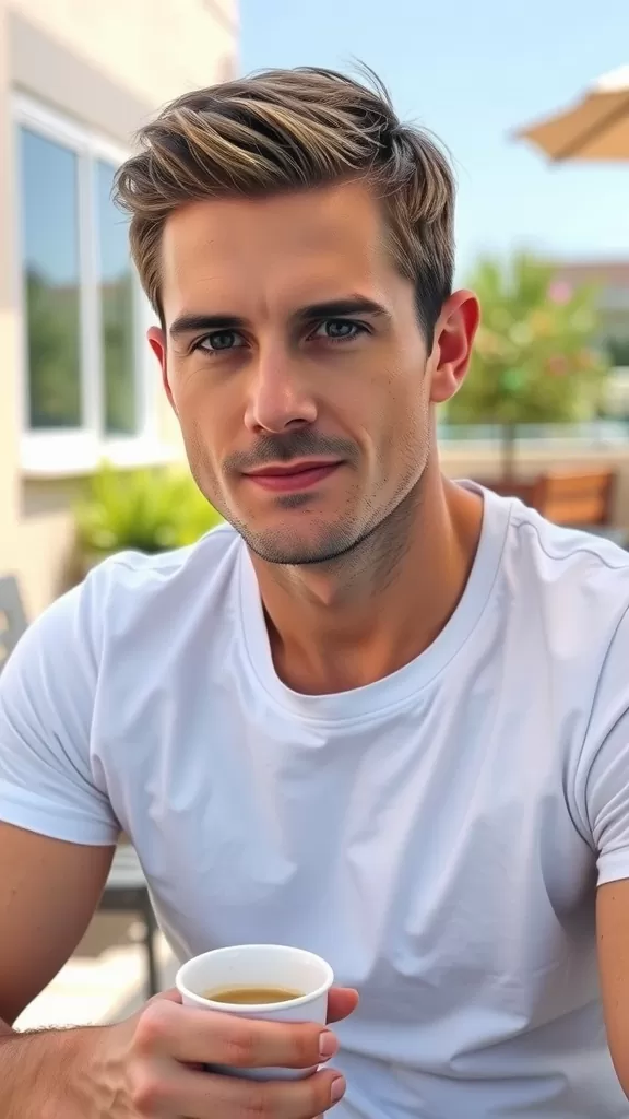 A man with a Caesar cut hairstyle, holding a cup of coffee outdoors.
