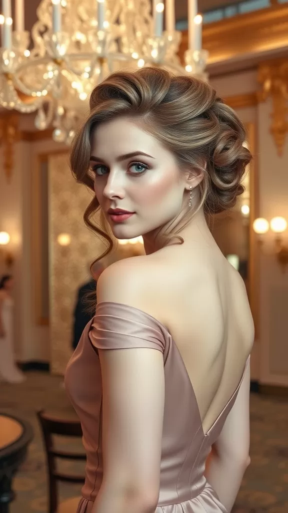 A woman with cascading curls styled in an elegant updo, wearing an off-shoulder dress in a luxurious setting.