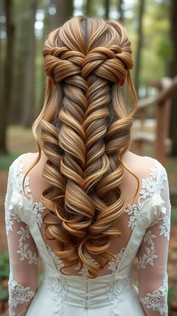 A bride with a cascading waterfall braid updo, showcasing intricate braids and soft curls, set against a natural background.