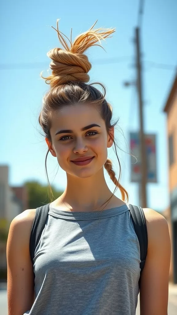 A young woman with a top knot hairstyle, wearing a gray tank top and a backpack, smiling outdoors.