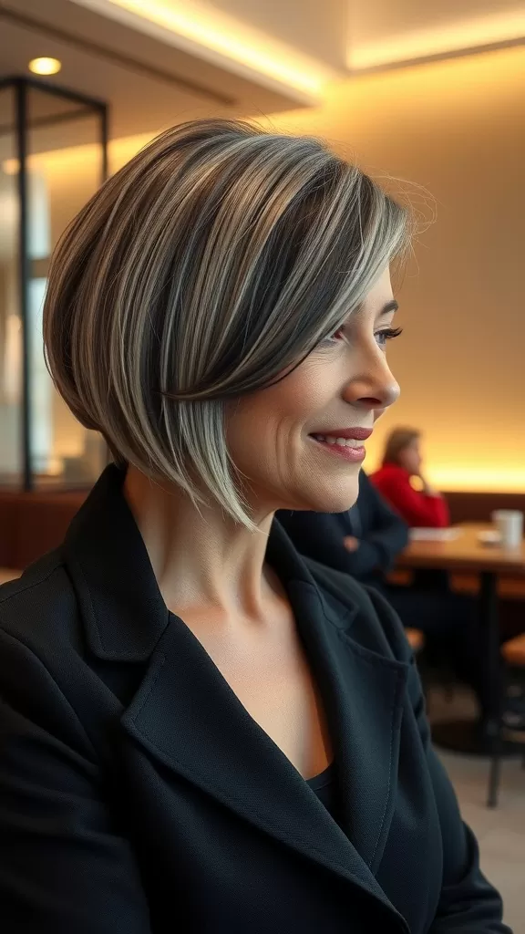 A woman with a chic bob haircut and side part, showcasing a stylish look.