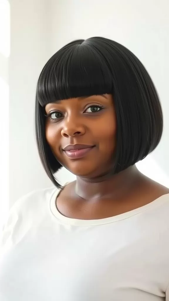 A woman with a chin-length blunt bob hairstyle, smiling confidently.