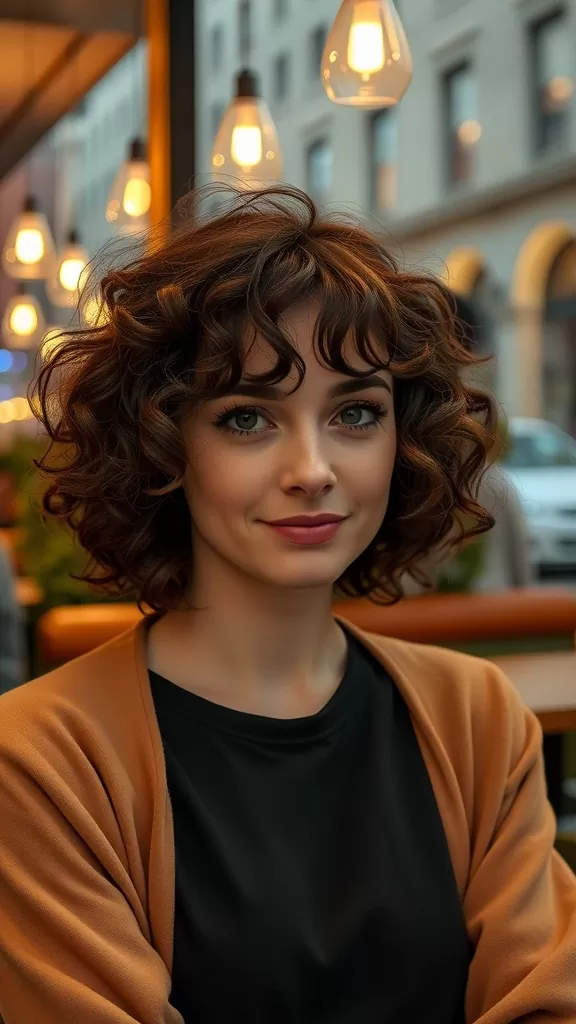 Chin-length curly bob hairstyle with bangs, styled elegantly.