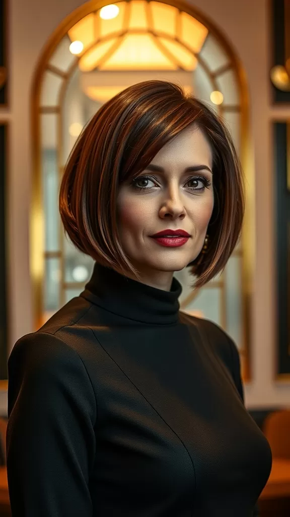 A woman with a chin-length layered bob hairstyle, wearing a black turtleneck, with a soft background.