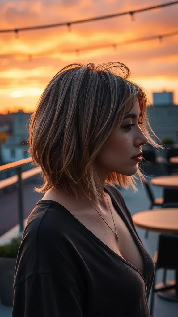 A woman with choppy bangs and a lob haircut, standing against a sunset backdrop.