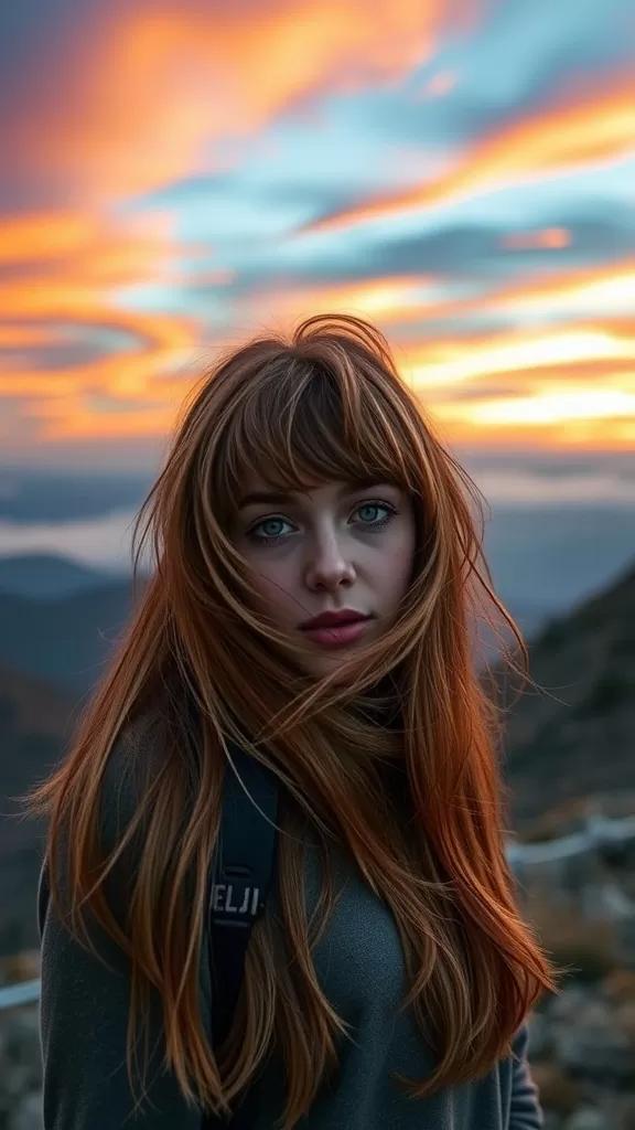 A woman with long, tousled hair and choppy bangs, set against a colorful sunset.