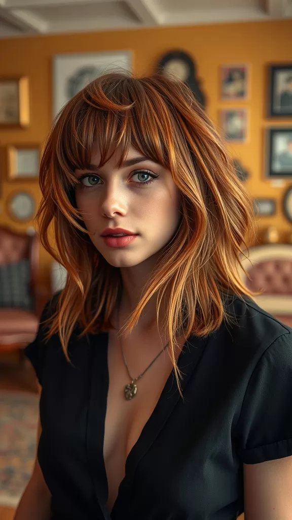 A woman with choppy bangs and shaggy layers, showcasing a modern hairstyle.