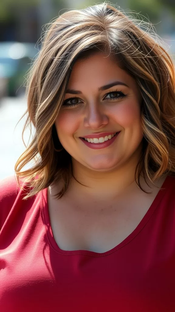 A woman with a choppy bob haircut and side bangs, smiling in a red top.