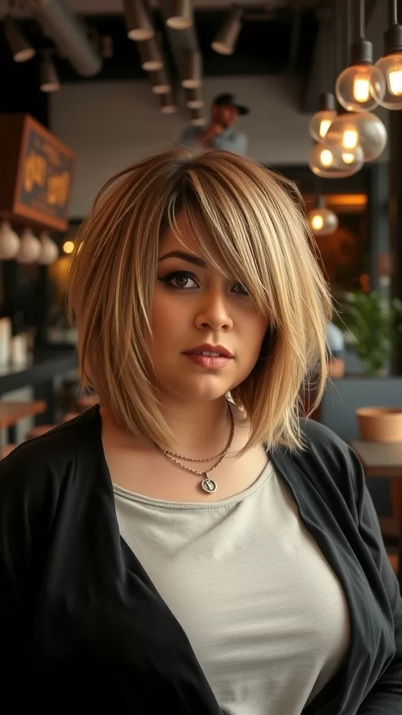 A woman with a choppy layered bob haircut, styled in a casual environment.